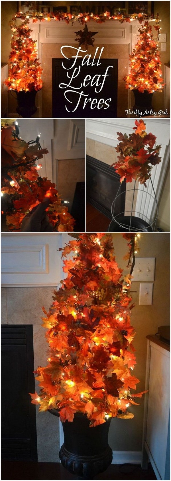 DIY topiary tree with fake autumn leaves and fairy lights. 