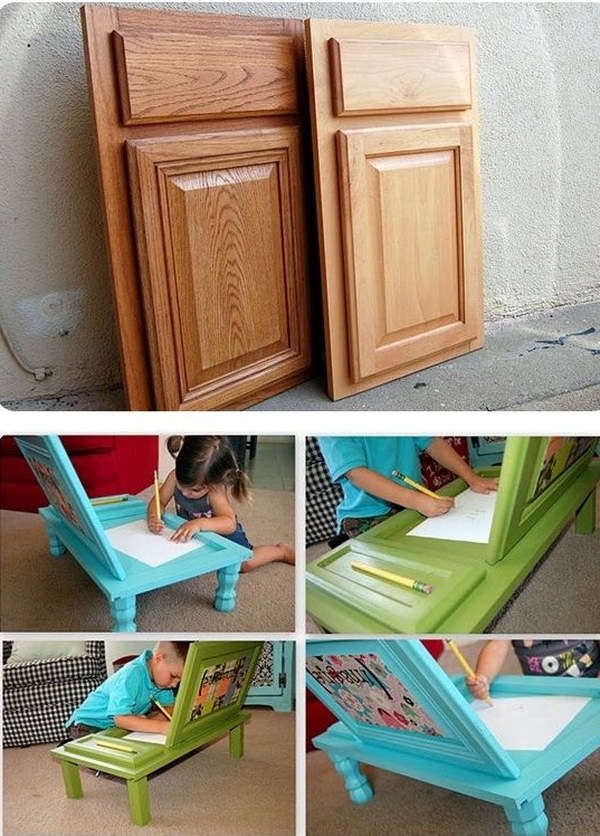Cupboard doors turned into a craft table for children 