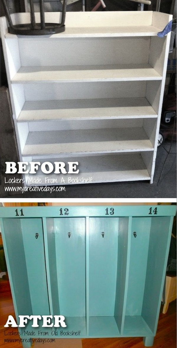 Turn an old bookshelf into a locker for children's coats and backpacks 