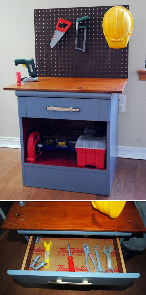 Turn an old bedside table into a crafting bench for children 