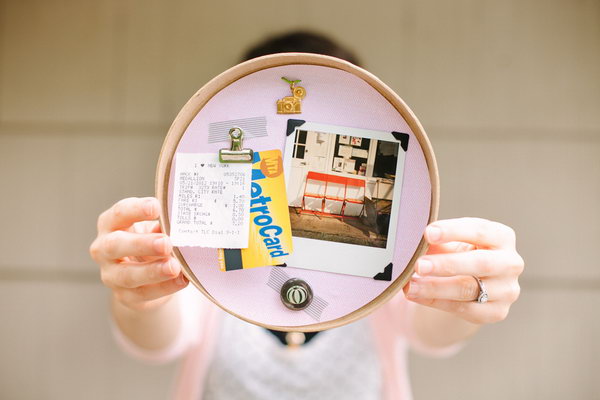 DIY keepsake display. Trace the circle and cut it out. Spray glue on the lid and use a clip with story to collage. Use as many items as possible to get a nice visual effect for girls.