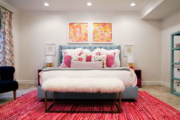 I think all teenage girls will love this bedroom with bright and fresh colors and a great and cozy bench made of IKEA carpets.