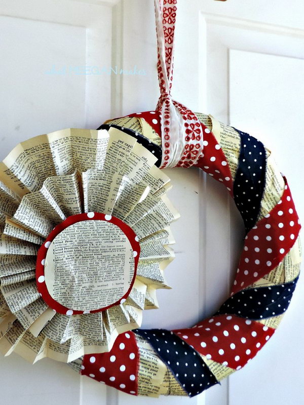 July 4th book page wreath. A patriotic vintage wreath made from old book pages and blue and red polka dot fabric. Really fun idea. 