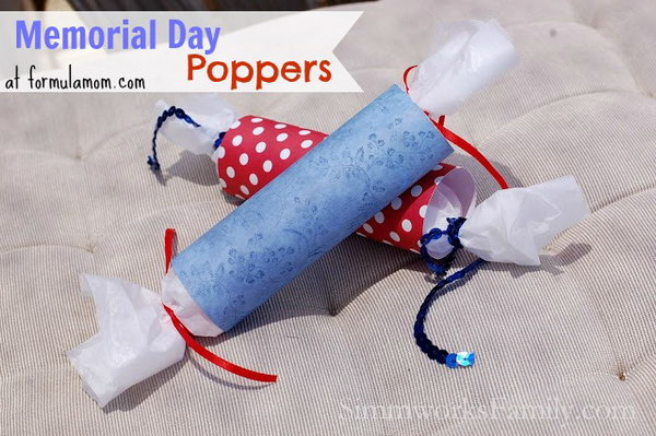 DIY poppers for Memorial Day. The great thing about these poppers is that you can make them for any occasion by simply changing the scrapbook paper you choose. For Memorial Day and July 4th, scrapbook paper in festive shades of red, white and blue is perfect.  