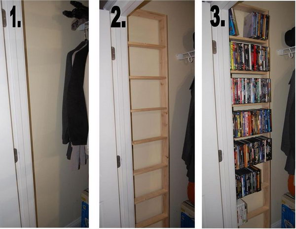 Build a DVD shelf in the hall cabinet to maximize space. 