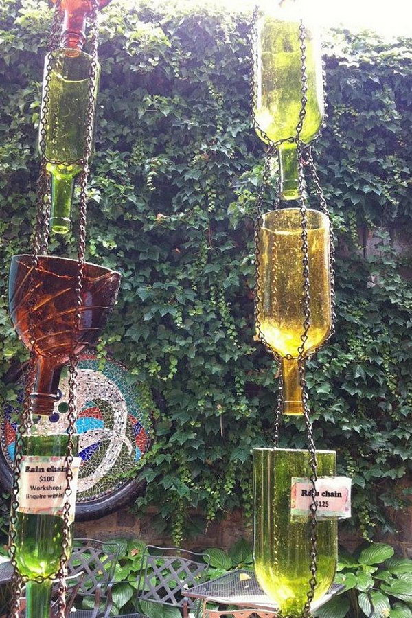 Up-cycled wine bottle rain chain. Not only do you make a good sound and improve the external appearance of your home, but you also channel water away from your home.