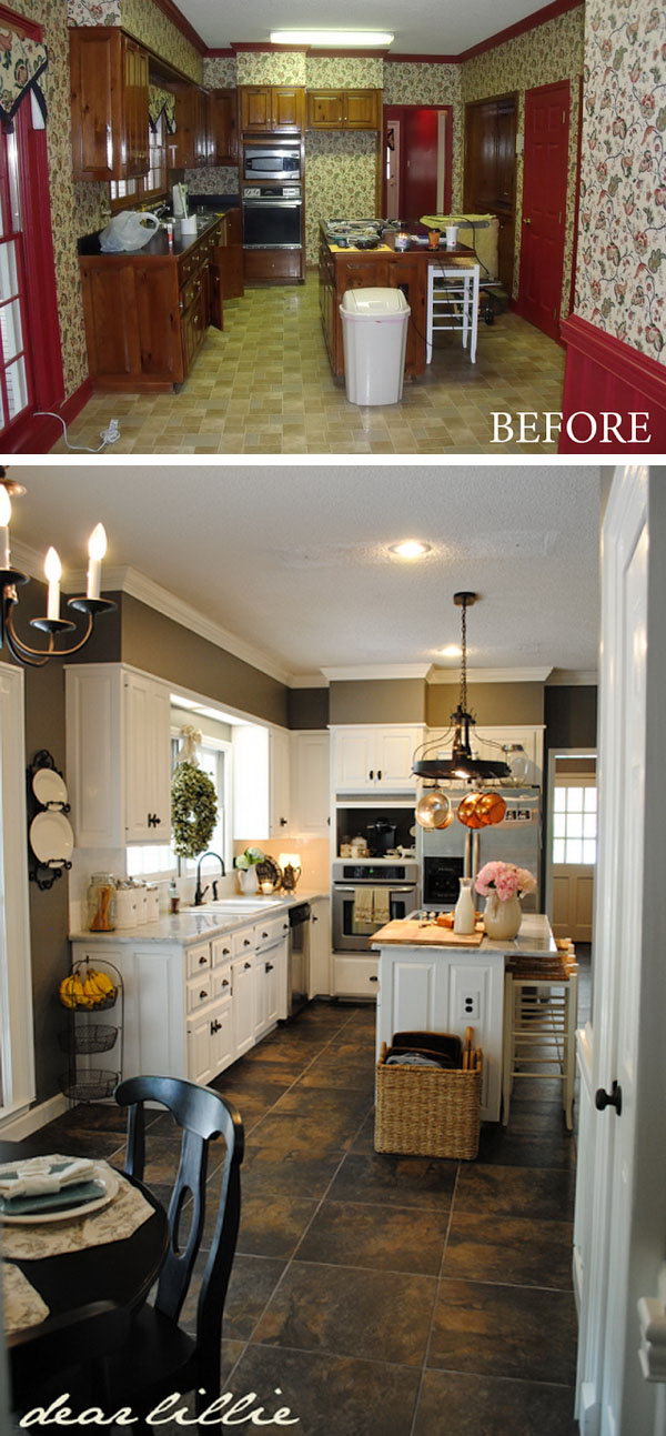 Paint totally transform a kitchen. At first glance, you can assume that the change was high quality and expensive. But if you look closely at the two pictures, your jaw drops. On a budget and so fast, simply by changing color, renewing the countertops, sink, appliances and adding some light.