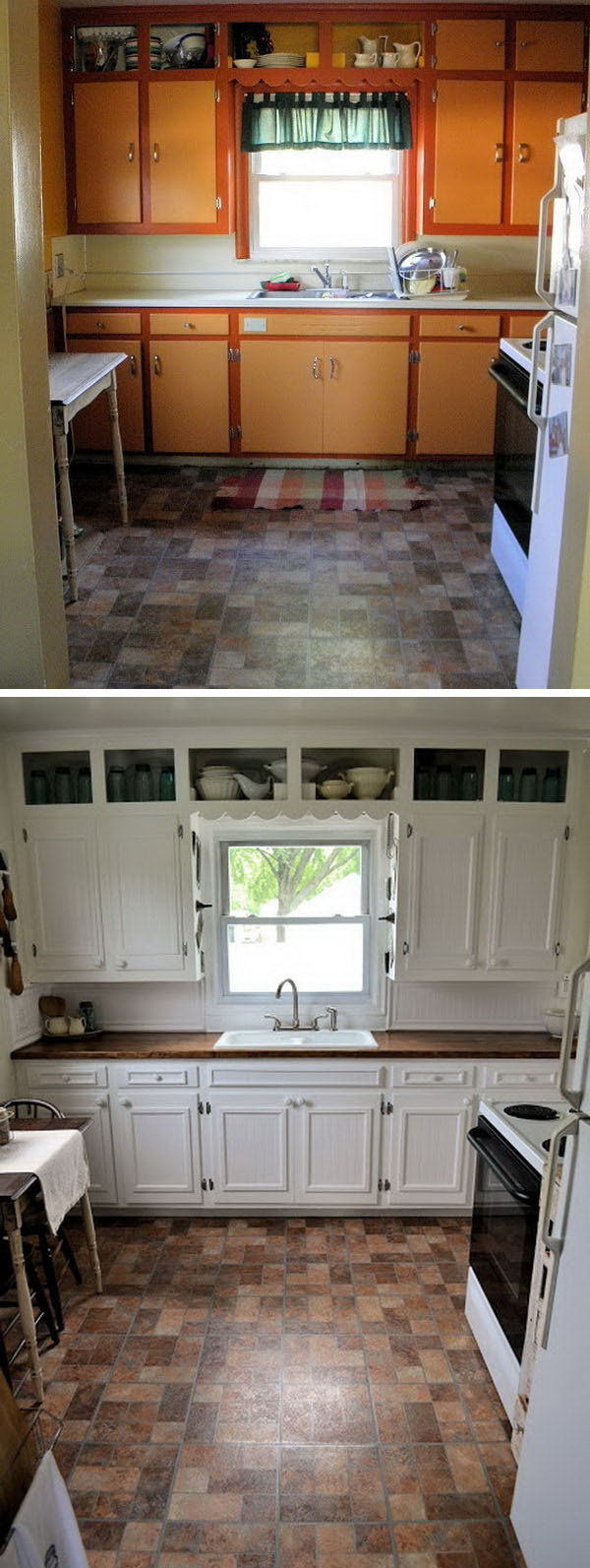 Wow, what a transformation. It is light, bright and very charming. I think it's great that they replaced the cabinet cladding and replaced wood worktops, giving a worm and a rustic look that goes very well with the tiles. The ugly outdated kitchen is now pretty stylish with minimal conversion. See how it works 