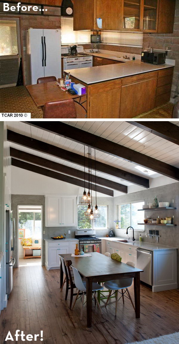 Before and after: a rustic, modern retreat. The family updated their 1960s ash block kitchen to a rustic, modern reveal. With exposed beams, marble slabs, wooden floors and a handmade farm table, you save a lot of money. I especially like the little blue hardware that gives this rustic room a fresh look.