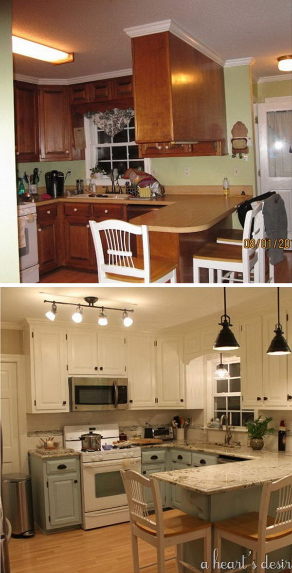 Before and After: 80s Kitchen Transformation. I love the two-tone cabinets in blue and cream, the black hardware so much. Especially love the beautiful granite countertops that lift up the entire room.