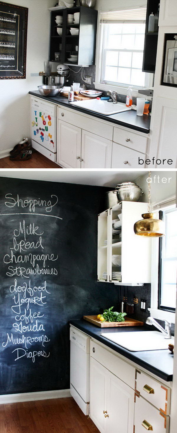 Tiny Kitchen Makeover: Add stylish and glamor. This tiny kitchen is adorable. I love the decorated gold-plated corner brackets on all drawers and cupboards, the wall painted on the blackboard and that they have replaced the corner cupboard with the open glass shelf. The beautiful copper-colored chandelier adds to the glamor. 