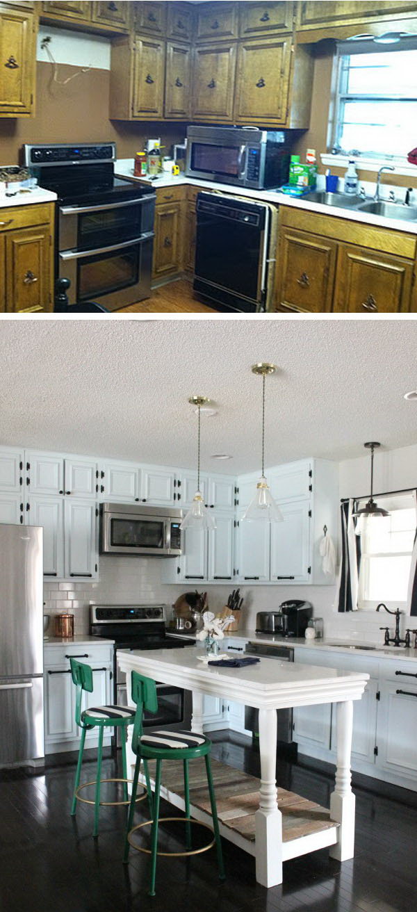 Before and after: an industrial, modern kitchen. Instead of replacing the ugly outdated but in good condition, the homeowner painted them white and replaced the hardware. 