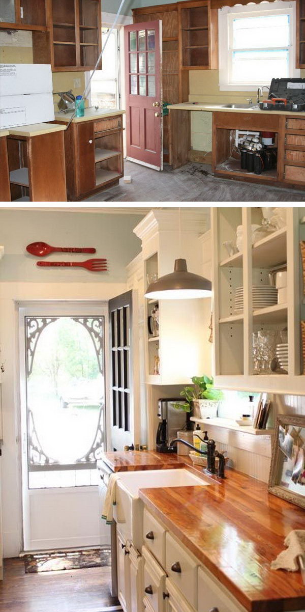 Before and after: customized cabinet door. In this kitchen remodeling you can see how a 100 year old farm kitchen became a modern, stylish room. 