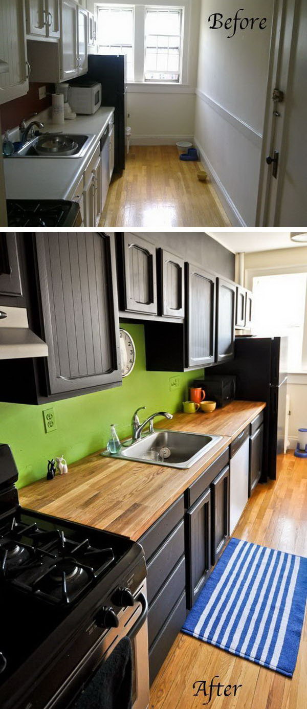 Before & After: 2 kitchens overhauled with bold colors and painted cupboards. The new kitchen now looks very different with only minimal changes. Love the rich color palette, black beauty gives weight and accents, the strong contrast of green flashes the whole room and the wood color provides a warm and inviting feeling. 