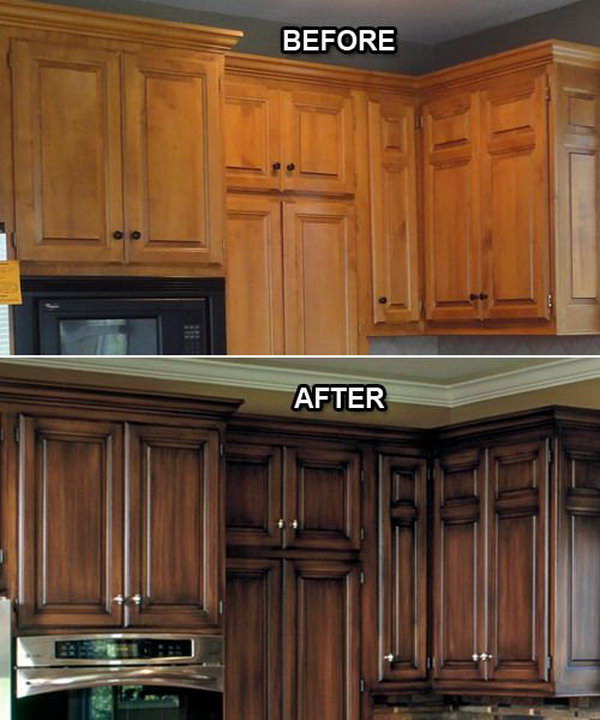 Before and after: faux finish on the kitchen cabinets. The brown kitchen made the pre-kitchen feel like it was in the 1970s. A big difference is due to different lacquer colors and crown shapes! And the trim, the new fittings and the stainless steel give this kitchen an elegant, refined look. 