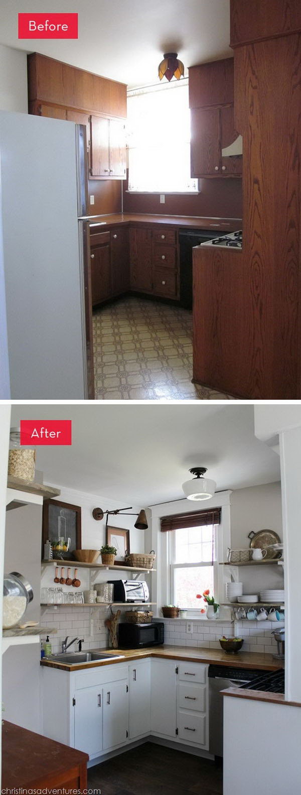 Before and after: A dark kitchen gets a refreshing new look. What an amazing improvement. This kitchen was dark and grubby with the brown cabinets and the backsplash. But now it is flooded with light, airy and inviting. 