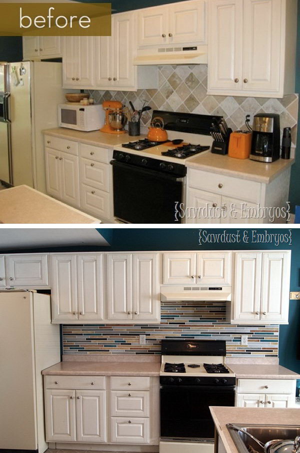Before and after: Painted Tile Backsplash. I love changing the backsplash, the shimmer of metal tiles is charming. The kitchen now looks much more modern and stylish. But can you believe that the backsplash is color, not a tile? 