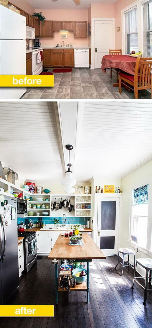I love everything about this kitchen, the sink, the panel door, the flooring, the industrial kitchen island and the chairs, the open shelves and the blue tiles.