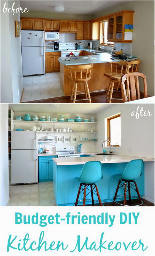 Big Reveal: the turquoise-colored kitchen. The perfect example of how simply changing the color scheme, countertops and shelves can really refresh a room. 