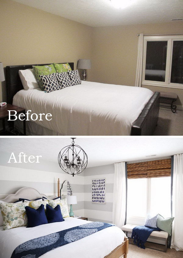 Use large gray horizontal stripes to visually lengthen the wall. 