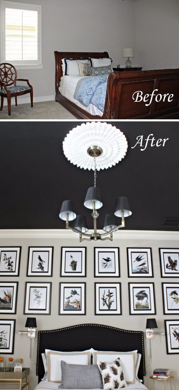 Paint the ceiling darker to draw your focus up and make a small room look larger. 