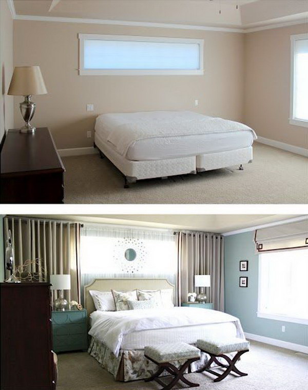 Use wall curtains to frame the bed even if there are no windows! 