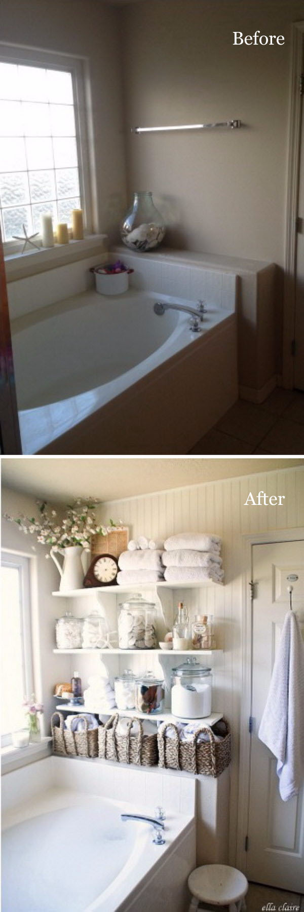 Use blank walls with DIY shelves for bathroom linen. 