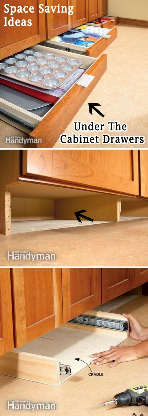 Get more space in the kitchen with drawers under the cabinet. 
