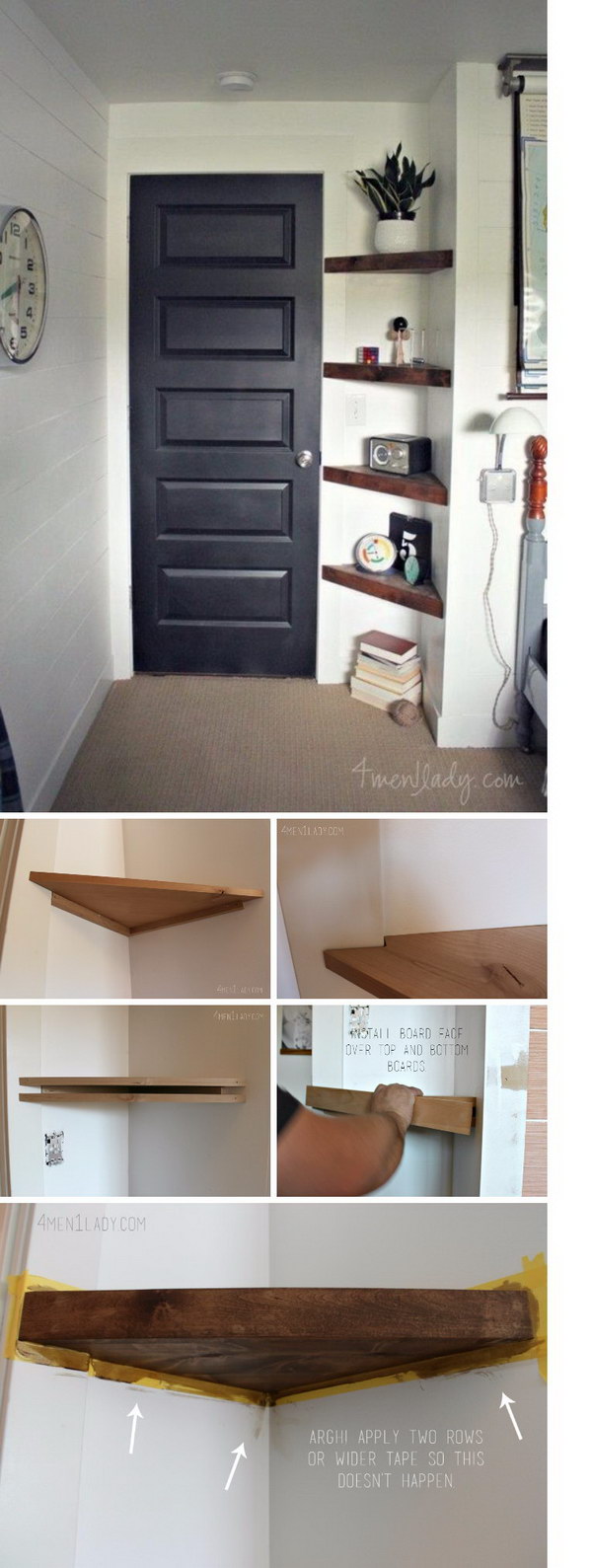 Use floating corner shelves to create more storage space in a cumbersome little corner. 
