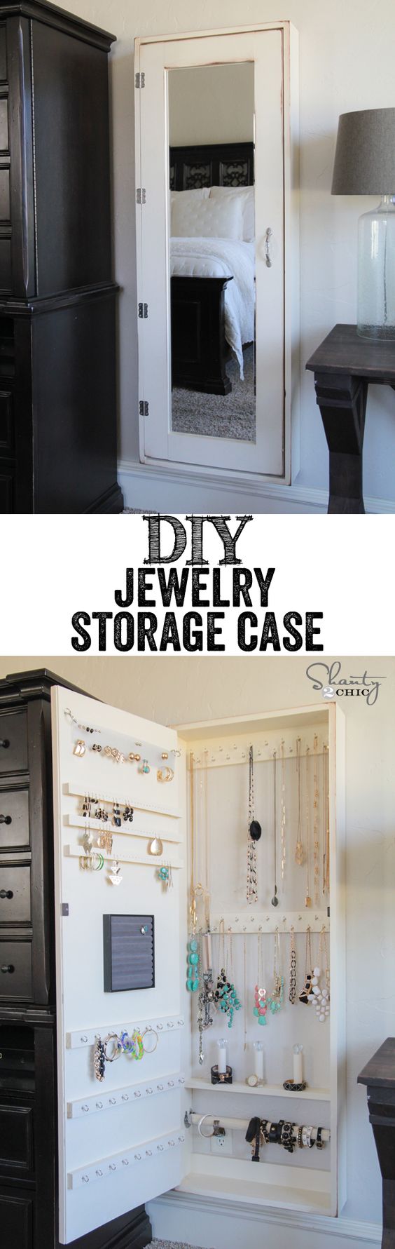 DIY wall mirror jewelry storage case. 