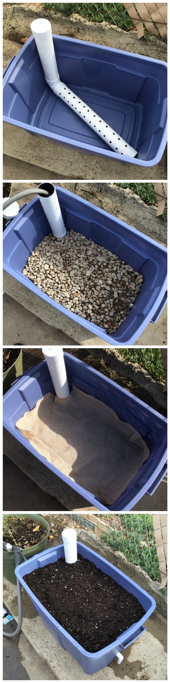 DIY Wicking Bed Container gardening. This is a great idea to ensure less and enough water for your plants.
