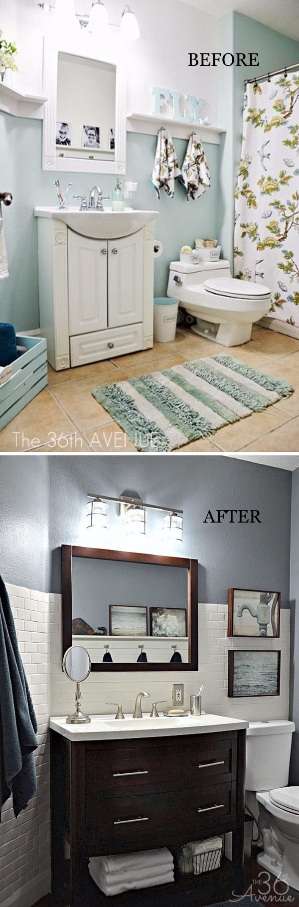 Modern bathroom makeover with metallic accents, dark furniture and white subway tiles. 