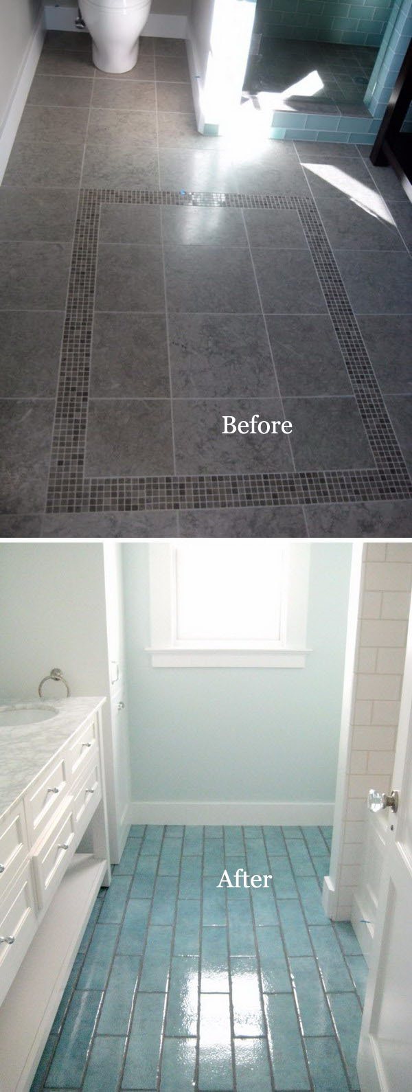Remodel DIY bathroom flooring with Aqua Blue tiles. 