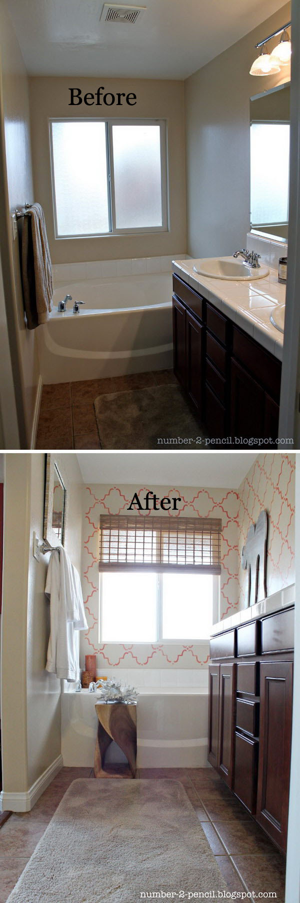 Coral and yellow master bathroom makeover. 