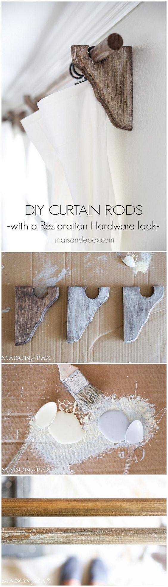 Wooden curtain rods with a restoration hardware look. 