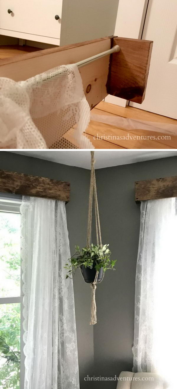 DIY rustic window valances with lace curtains. 