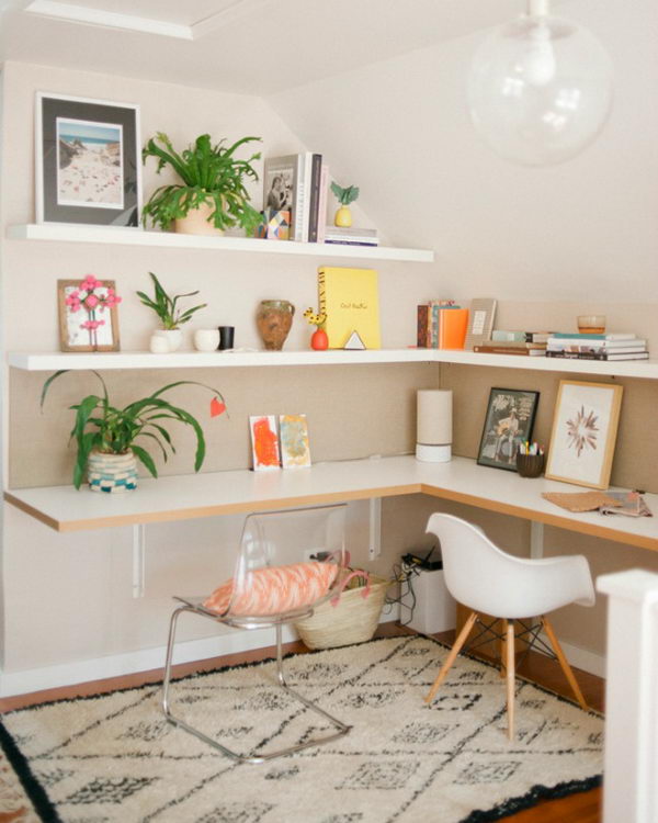 DIY workspace with open shelves. 