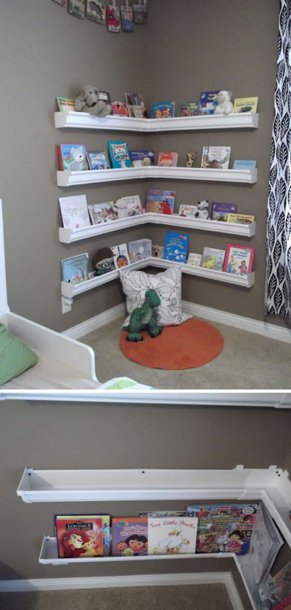 DIY reading corner with gutter shelves. 