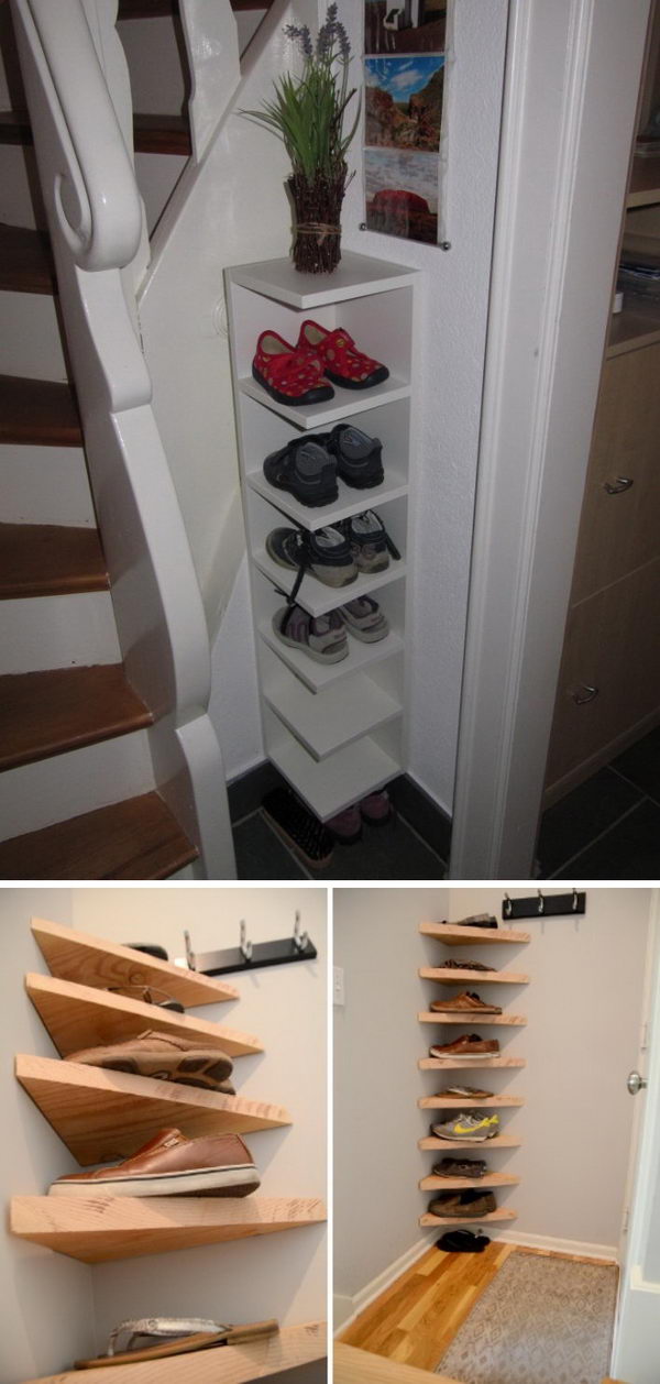 DIY corner shoe shelves. 