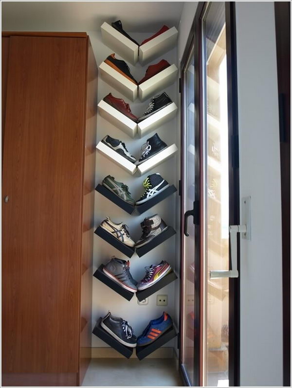 DIY shoe rack created by IKEA lacquer shelves. 