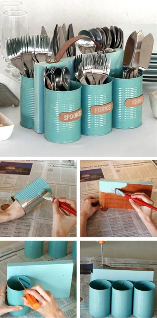 DIY painted tin cutlery holder. 