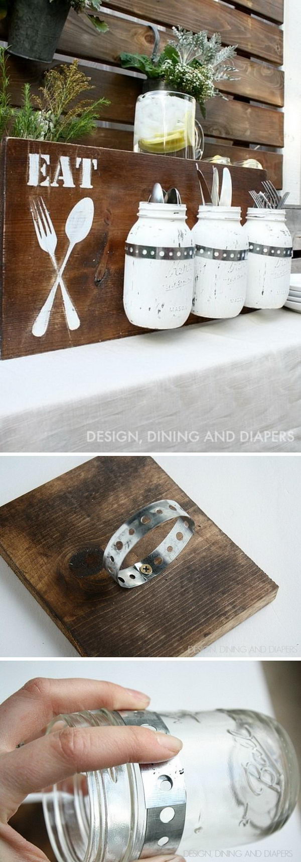 DIY cutlery holder with mason jar and wood. 