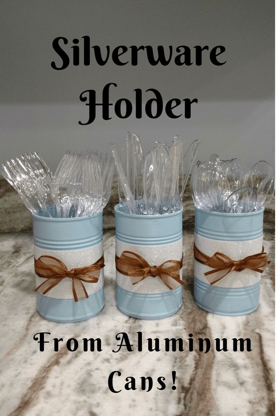 Cutlery holder made of aluminum cans. 