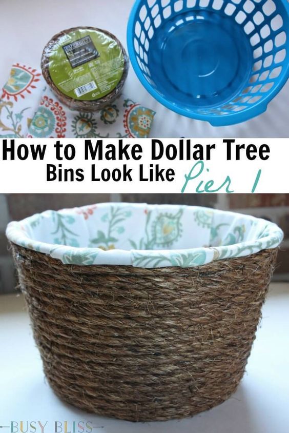 DIY lined woven baskets of dollar tree storage containers. 