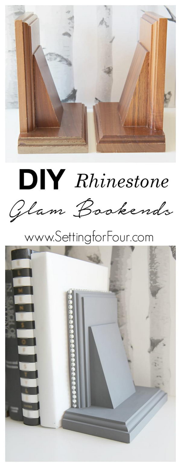 DIY Rhinestone Glam Bookends with Thrift Store Wood Bookends. 