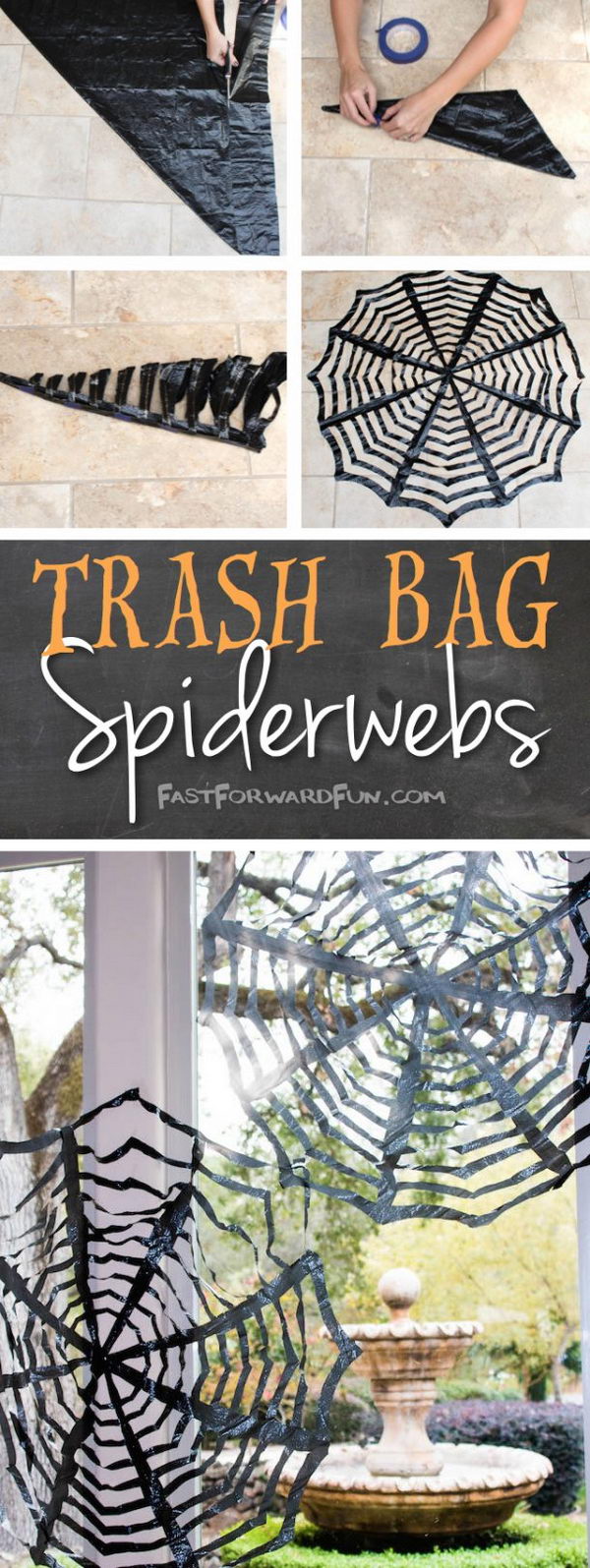 DIY garbage bags spider webs. 