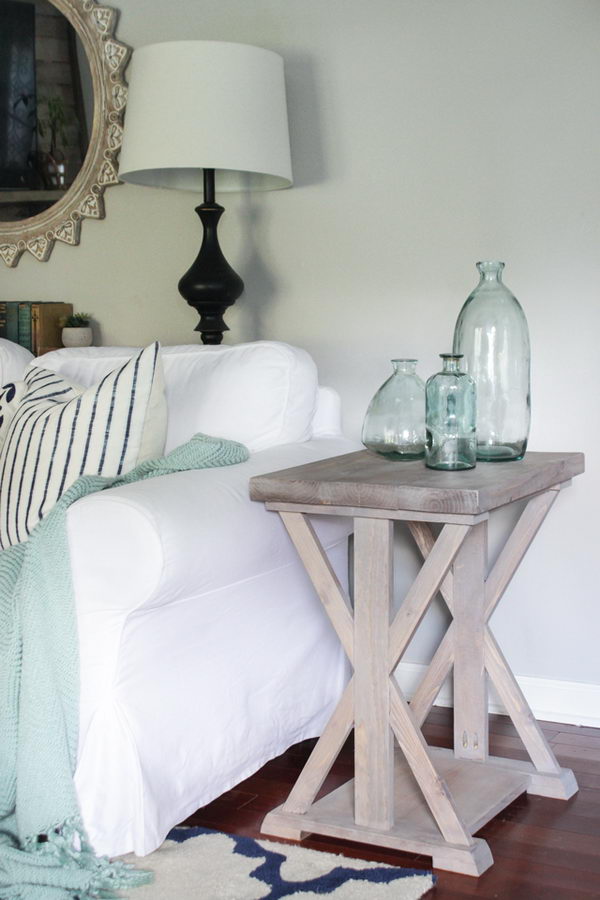 Farmhouse side table with X support legs. 