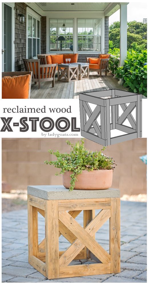 DIY outdoor stool or side table made of old wood. 