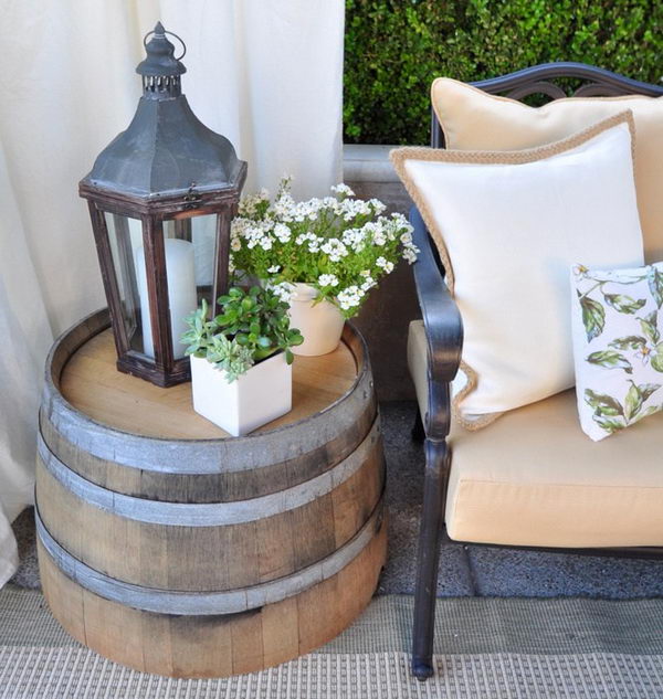 Side table made from recycled wine barrel. 