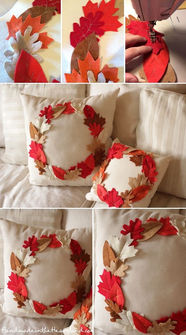 DIY leaf pillow for fall and Thanksgiving. 